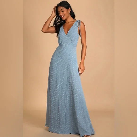 Lulus | Dresses | Lulus Romantic Possibilities Slate Blue Swiss Dotmaxi  Dress | Poshmark